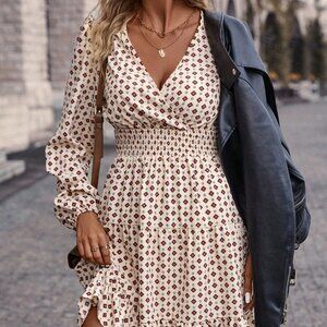 Multicolor Boho Womens Allover Print Surplice Neck Ruffle Hem Dress